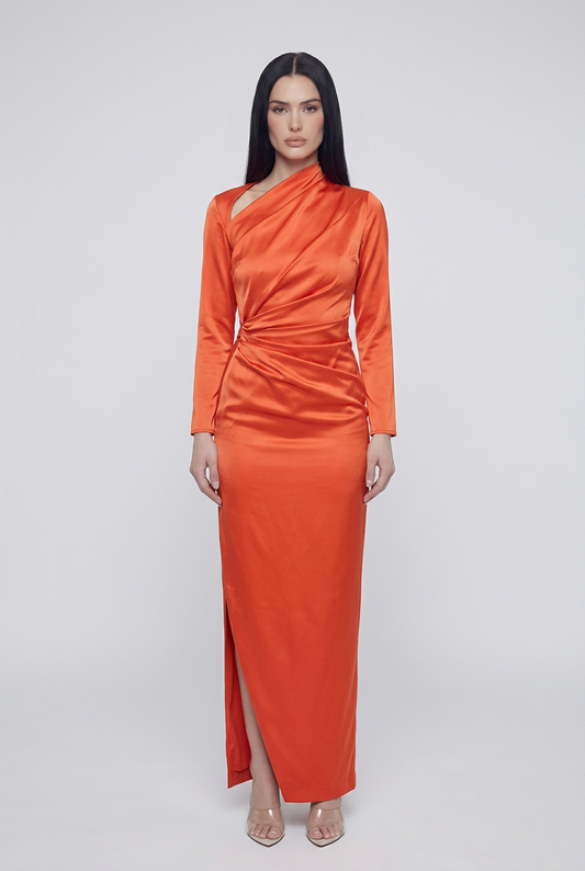 Asymmetric neckline satin dress